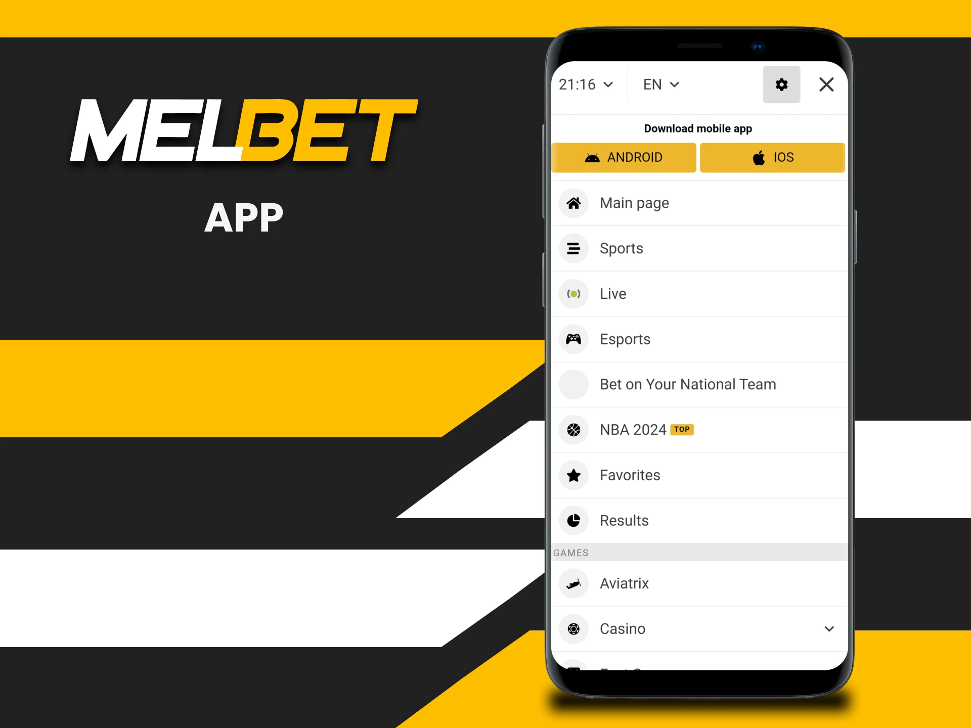 Download the Melbet app for casino games.