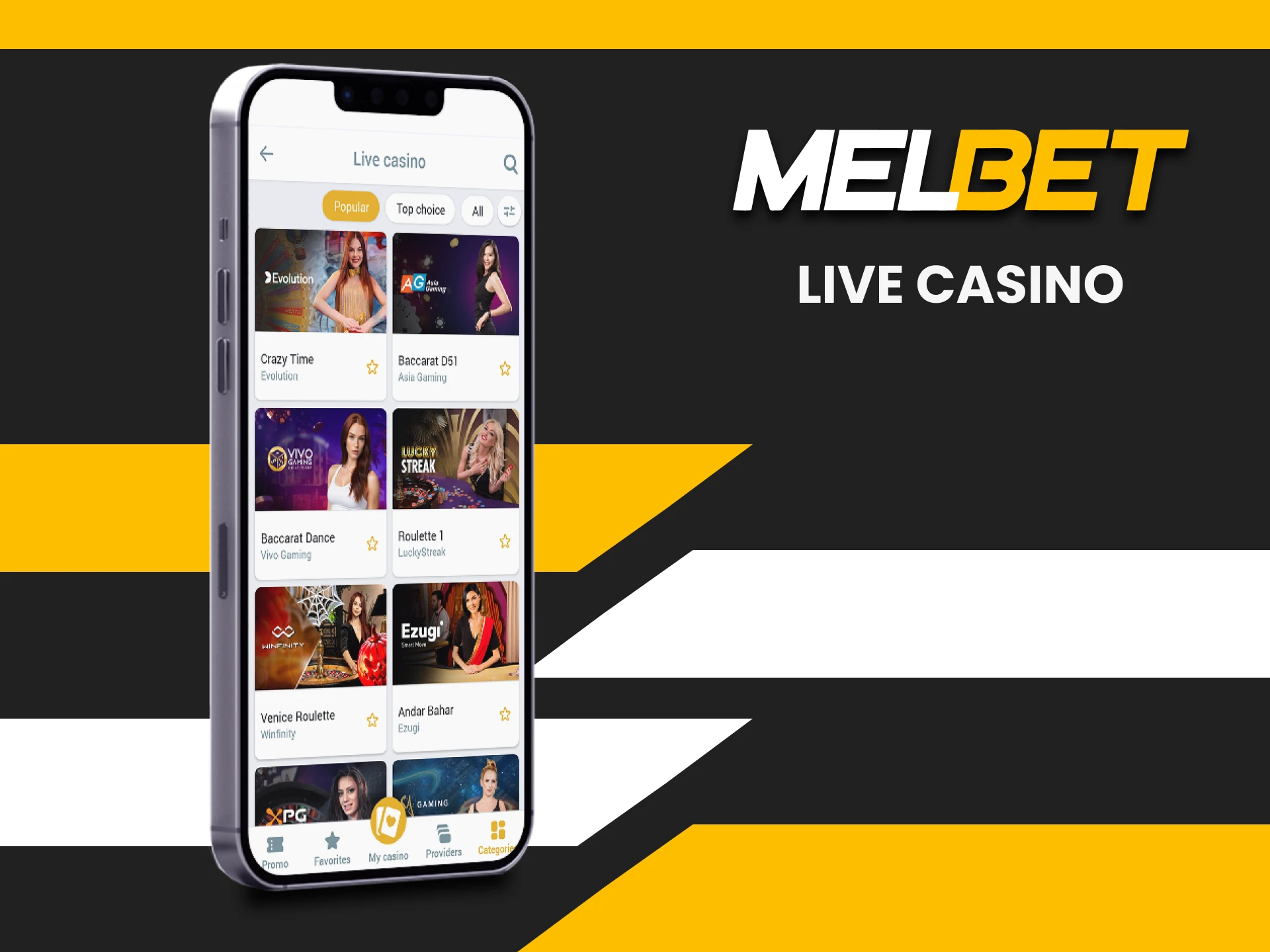 In the Melbet app you can play live casino.