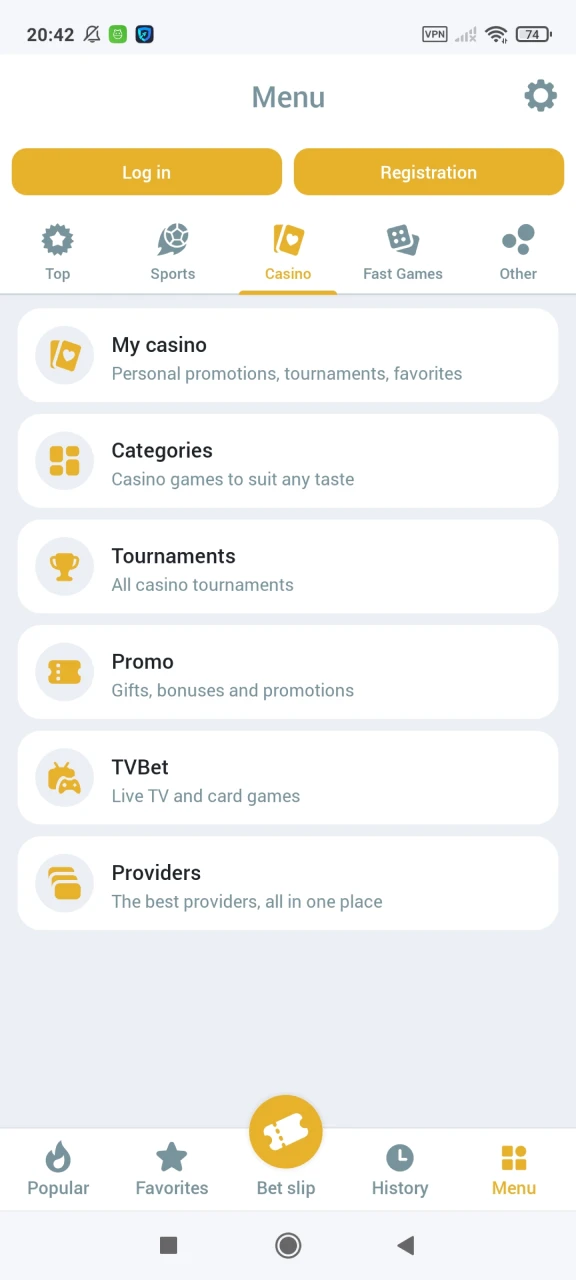 The Melbet app has a casino section.