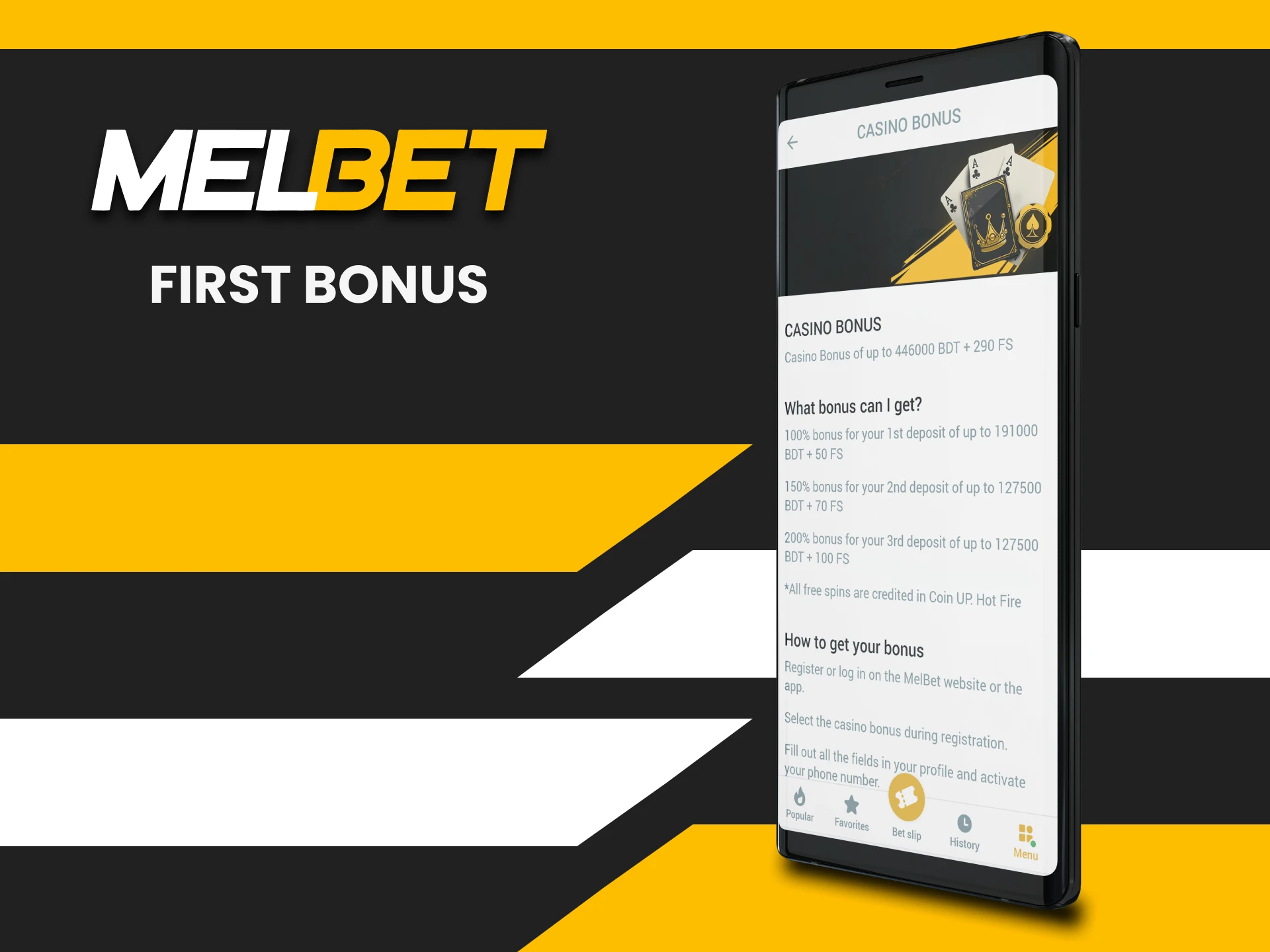 Melbet gives bonuses upon registration.