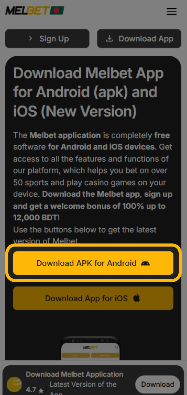 Download the Melbet apk file for Android.