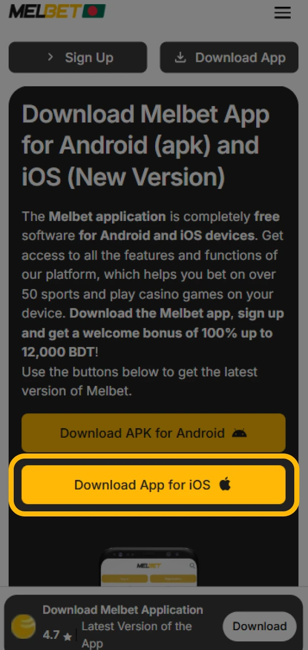 Click on the download button to get the Melbet app for iOS.