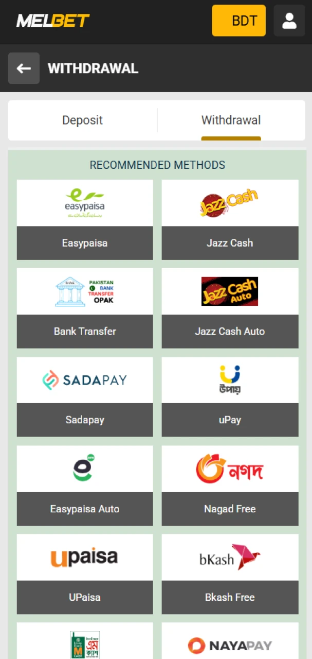 Choose a payment method to withdraw money from Melbet.