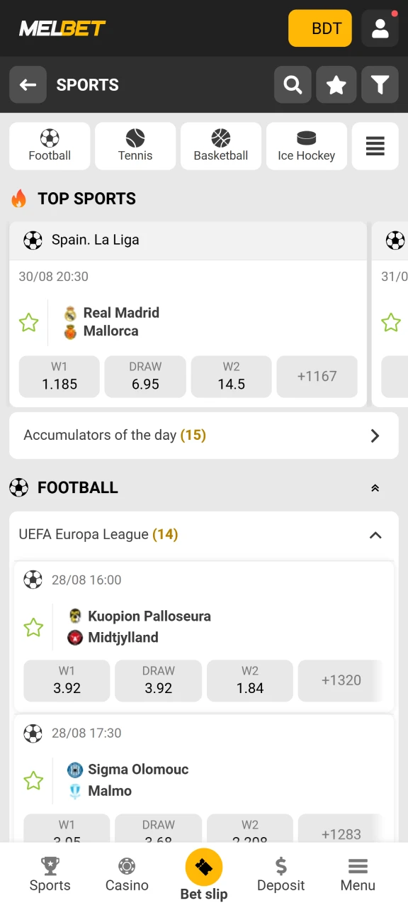 Melbet-এ আপনার প্রিয় খেলাধুলার উপর বাজি ধরুন।