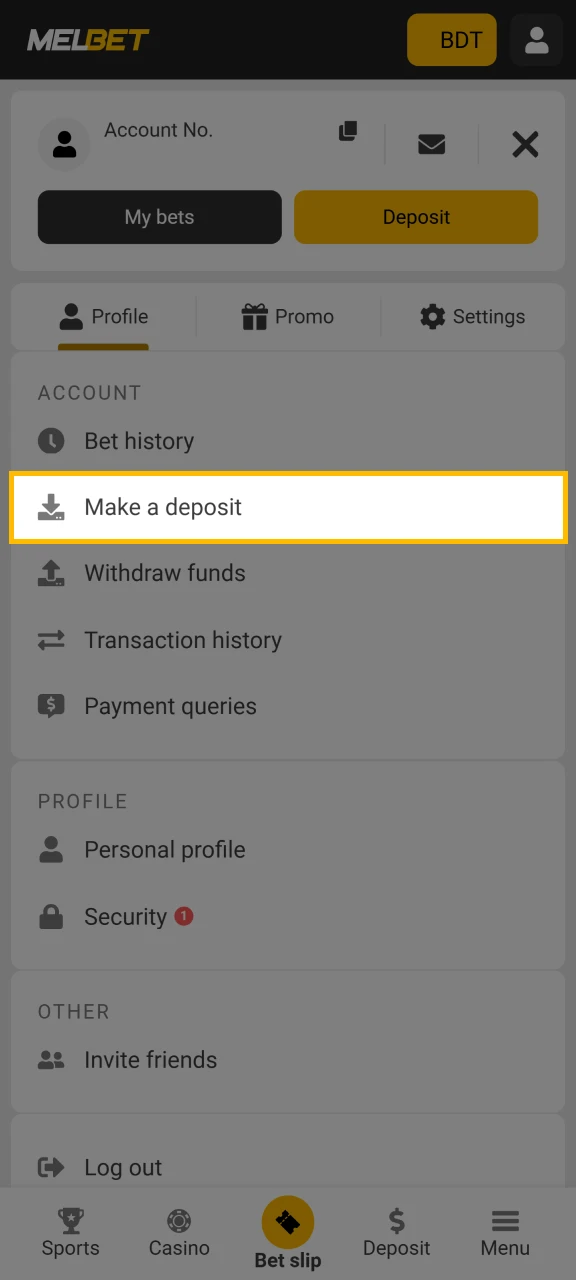 Open the Melbet menu and select the Make a deposit option.