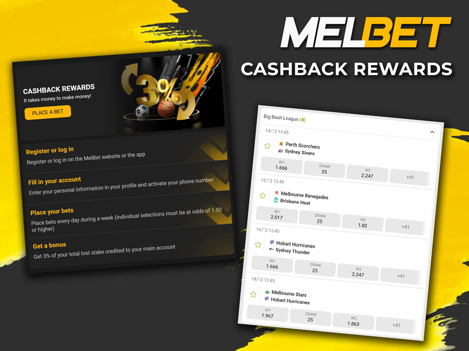 Register and receive Melbet cashback bonus.