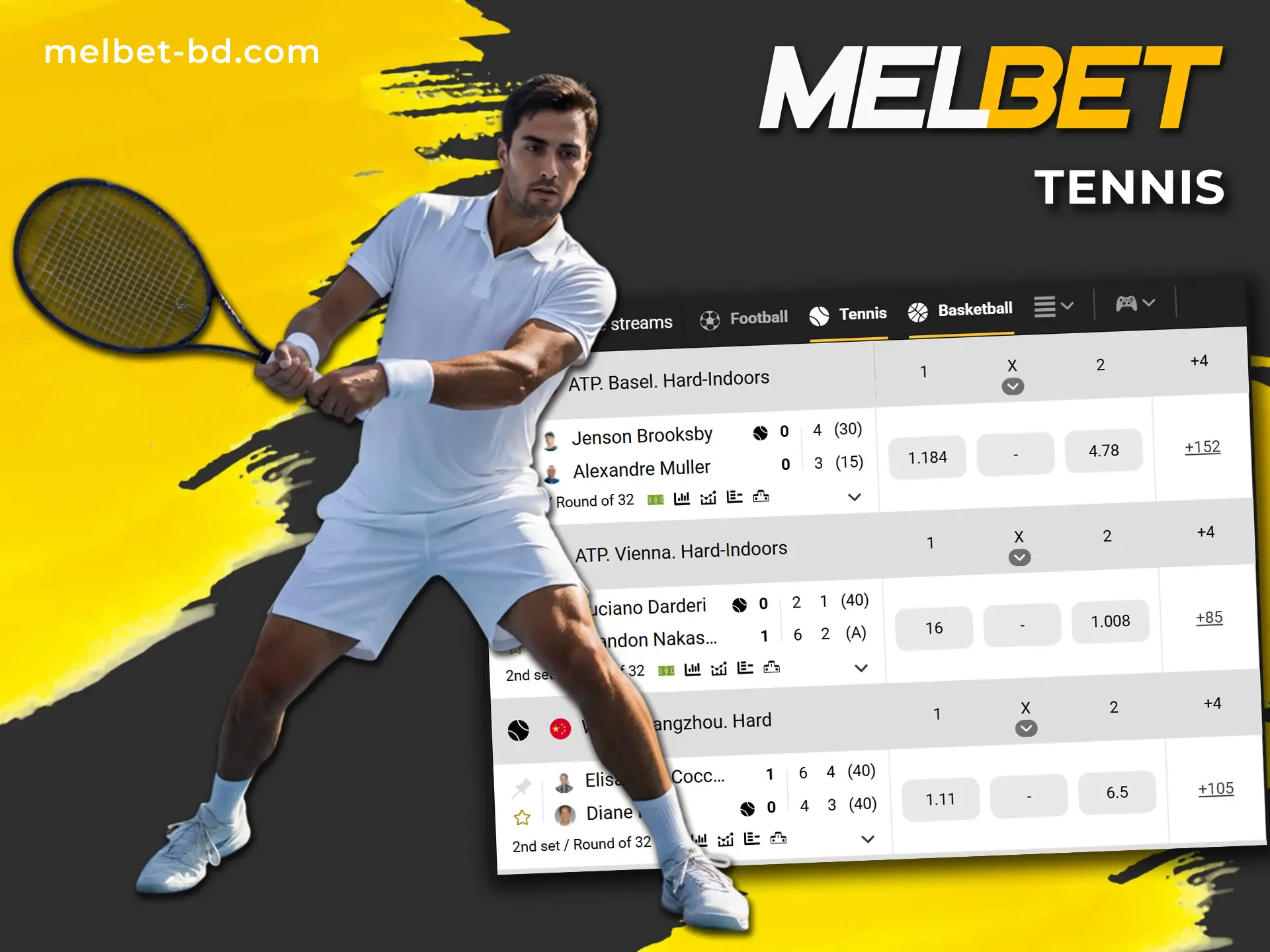 Make a deposit and try to win on tennis bets at Melbet online.